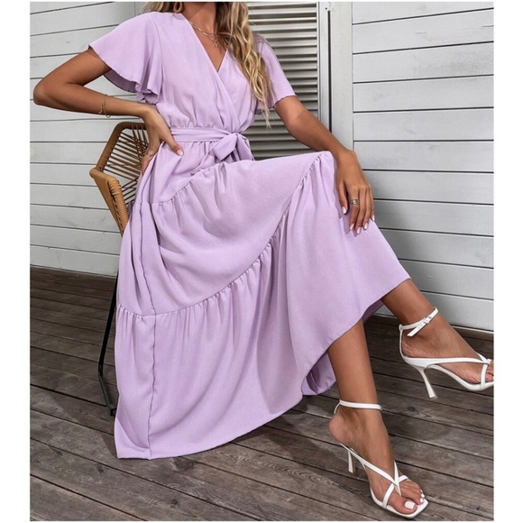 Boho Lilac Purple Butterfly Sleeve Belted Ruffle Maxi Dress - Picture 2 of 4